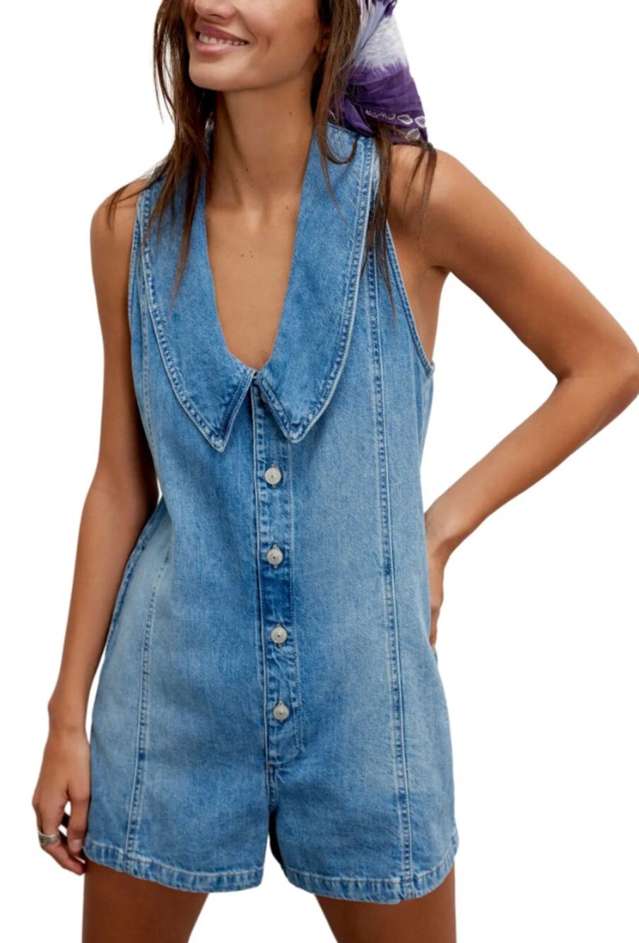 WE THE FREE People light blue Dover 100% cotton denim romper short playsuit